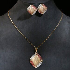 3/$35 Jewelry Set Chain Pendant Necklace Stud Earrings Gold Tone Rhombus Jewelry